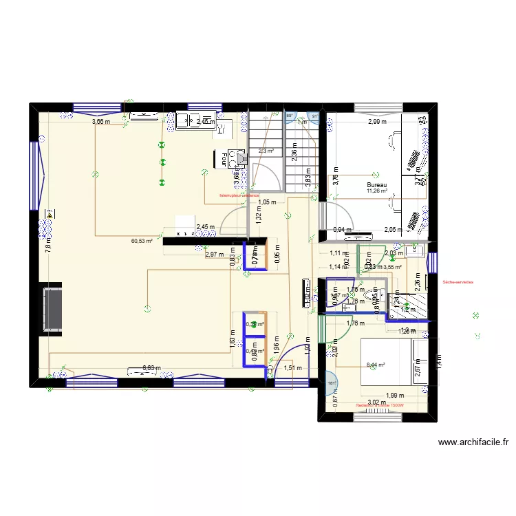 RDC - Electricit&eacute; valid&eacute;. Plan de 8  et 89 m²