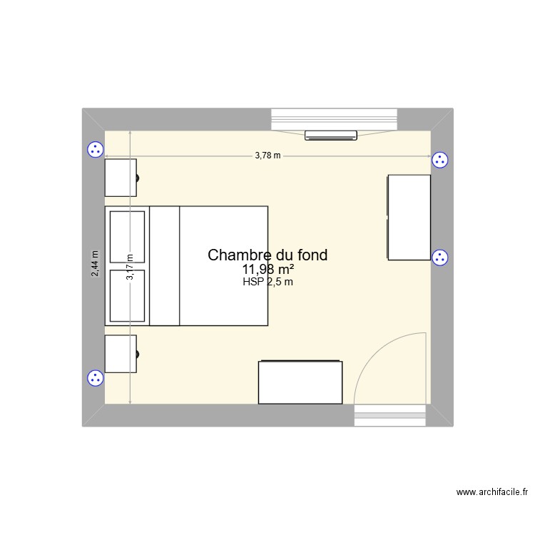 chambre du fond. Plan de 1 pièce et 12 m2