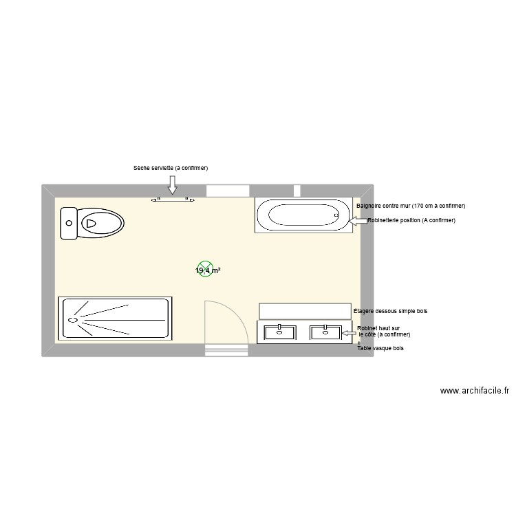 SDB comble. Plan de 1 pièce et 19 m2