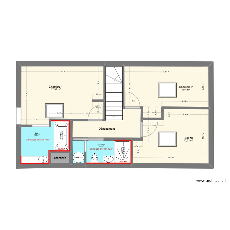 PAM salle de bain. Plan de 8 pièces et 49 m2