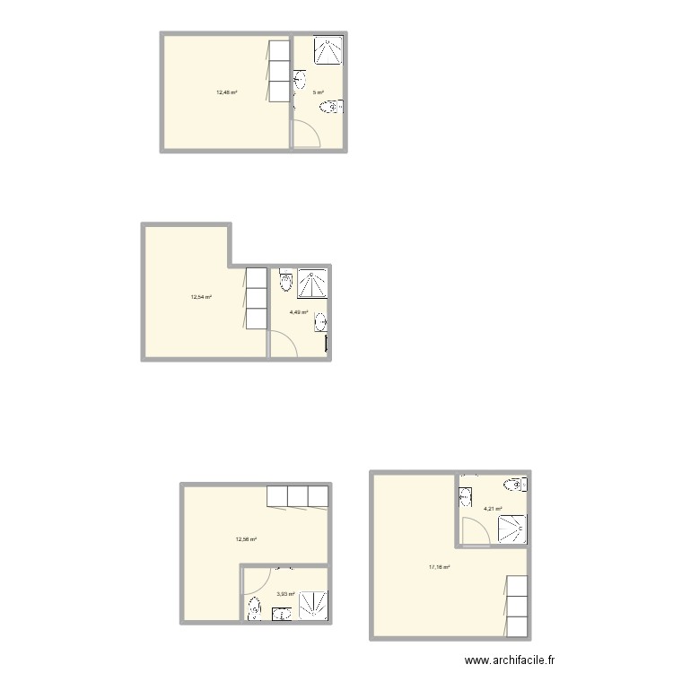 Studios. Plan de 8 pièces et 72 m2