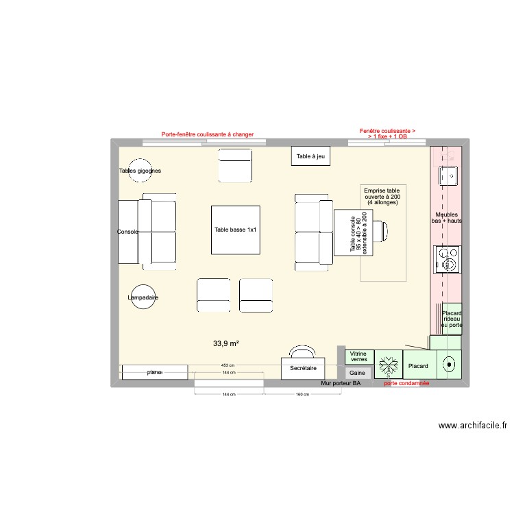 Cuisine ouverte en L. Plan de 2 pièces et 34 m2