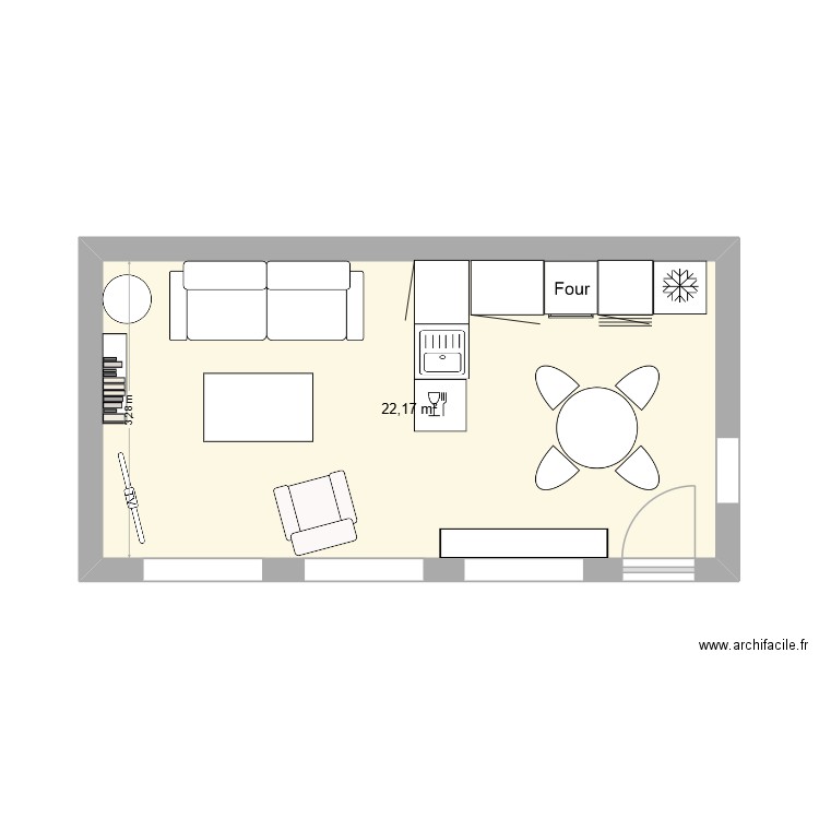 cuisine/salon gite. Plan de 1 pièce et 22 m2