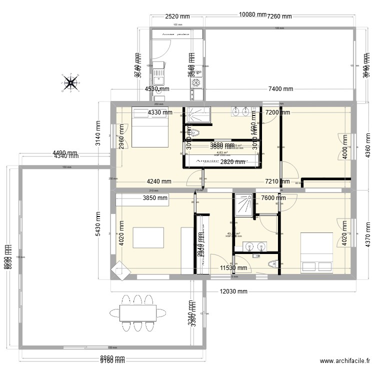 Plan maison V archi. Plan de 3 pièces et 91 m2