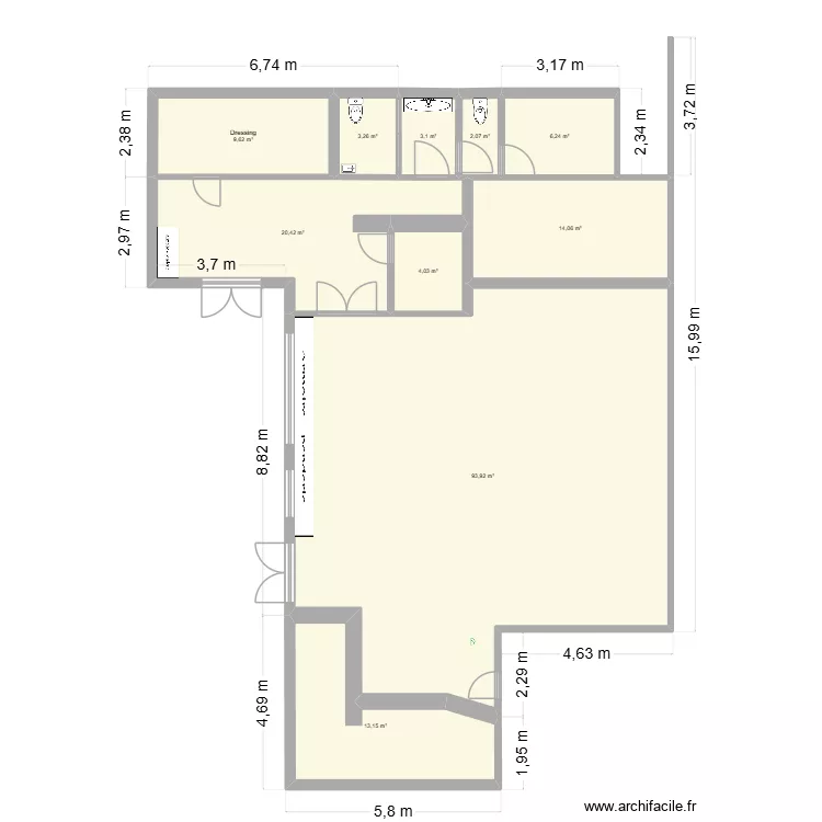 salle de danse 2. Plan de 10  et 170 m²