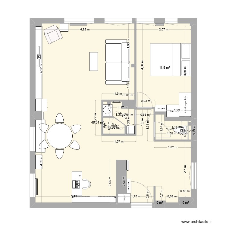 Cuisine + Buanderie séparées. Plan de 8 pièces et 63 m2