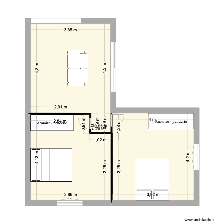 Anthony. Plan de 1 pièce et 49 m2