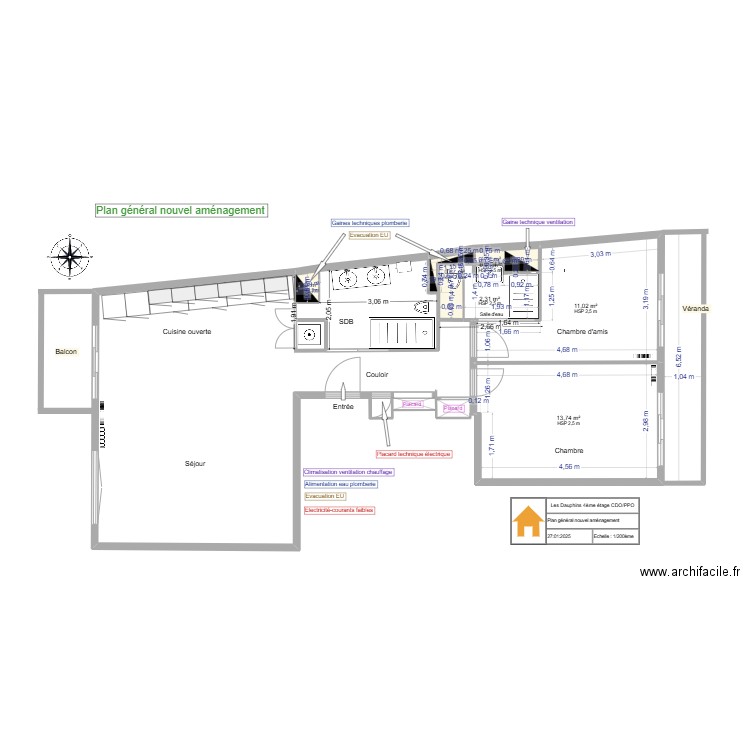 Plan  nouvel agencement bis. Plan de 7 pièces et 30 m2