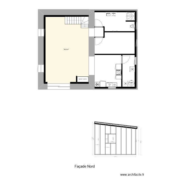 façade nord ossat bois  log 2. Plan de 4 pièces et 88 m2