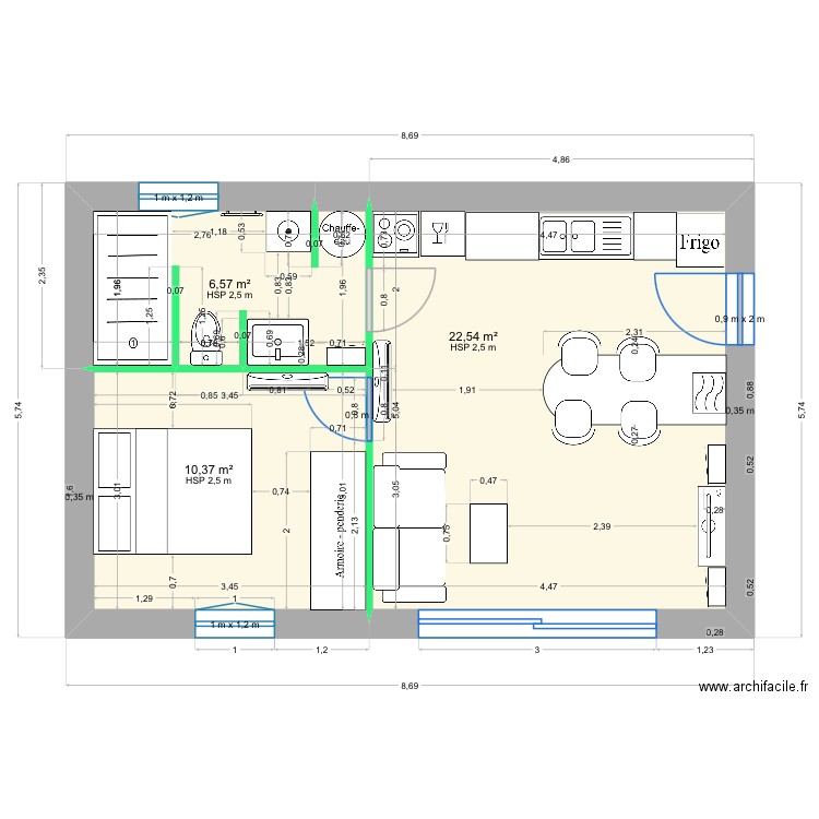 T2 - LA CADIERE - cloison intérieure modifie. Plan de 3 pièces et 39 m2