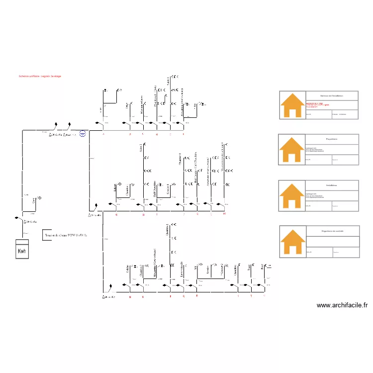 Sch&eacute;ma unifilaire Legrain 3e &eacute;tage. Plan de 