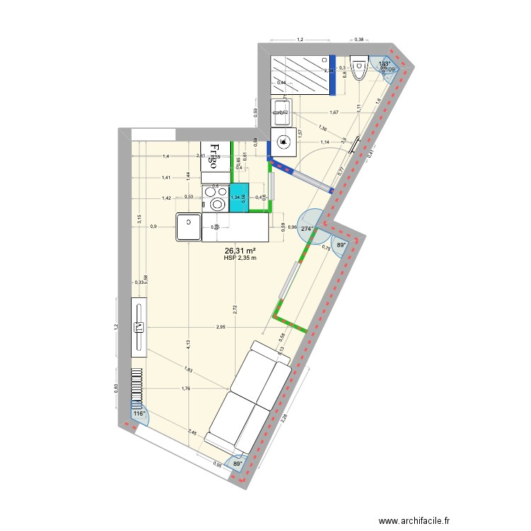 Plan Buffon Reno. Plan de 1 pièce et 26 m2