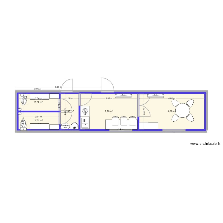 amenagement container rouge. Plan de 5 pièces et 25 m2