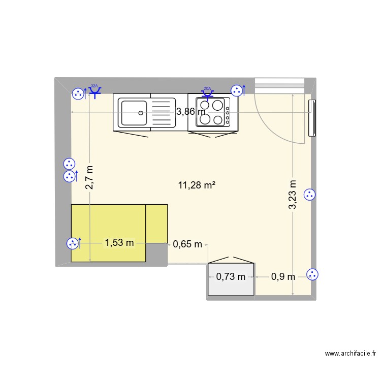cuisine ppcl. Plan de 1 pièce et 11 m2