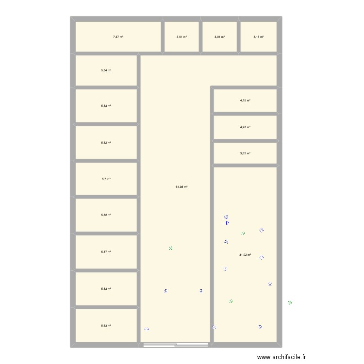 entrepot. Plan de 17 pièces et 168 m2