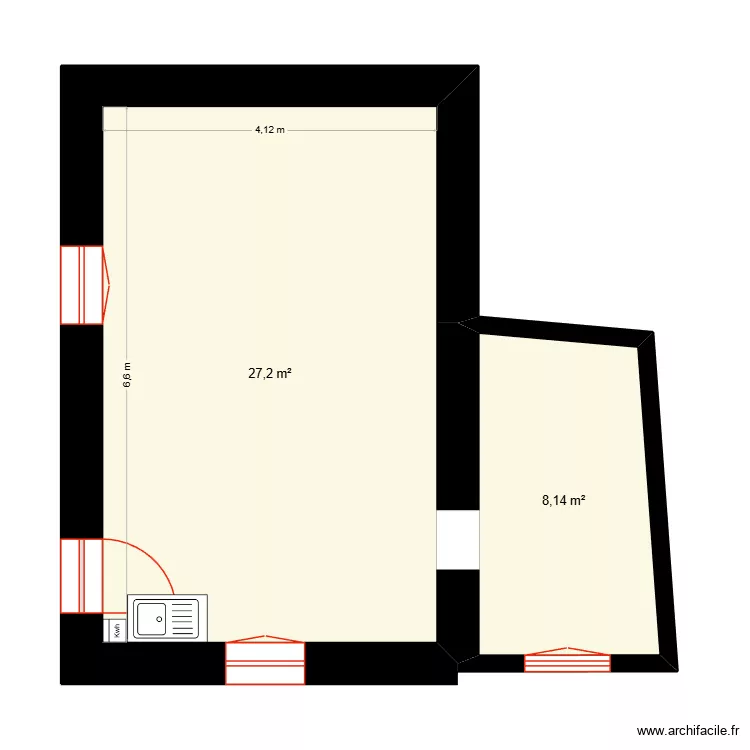 Plan RDC SCI des champs - r&eacute;seau &eacute;vacuation. Plan de 2  et 35 m²
