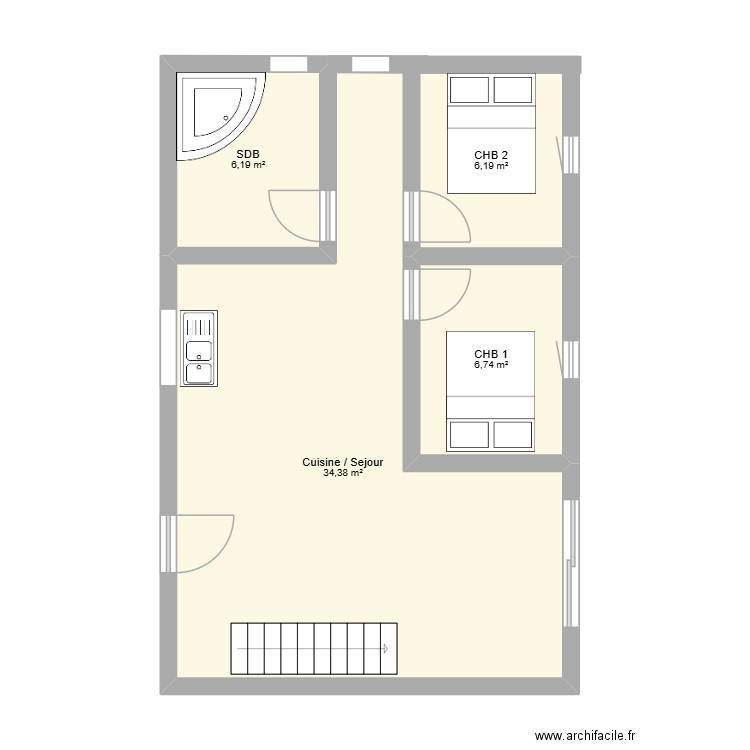 appt bb. Plan de 4 pièces et 54 m2