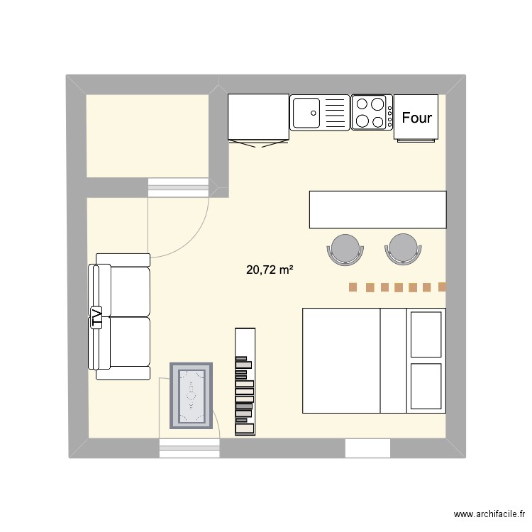 Studio 28m2. Plan de 1 pièce et 21 m2