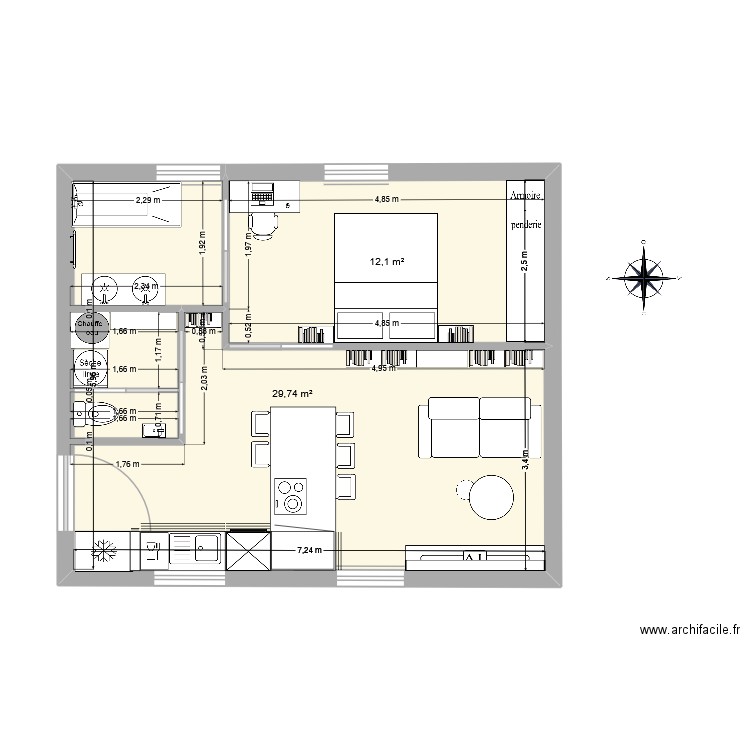 exercice fil rouge amenagement. Plan de 2 pièces et 42 m2
