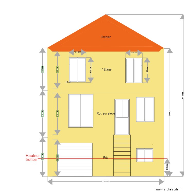 Façade devant 2025. Plan de 7 pièces et 90 m2