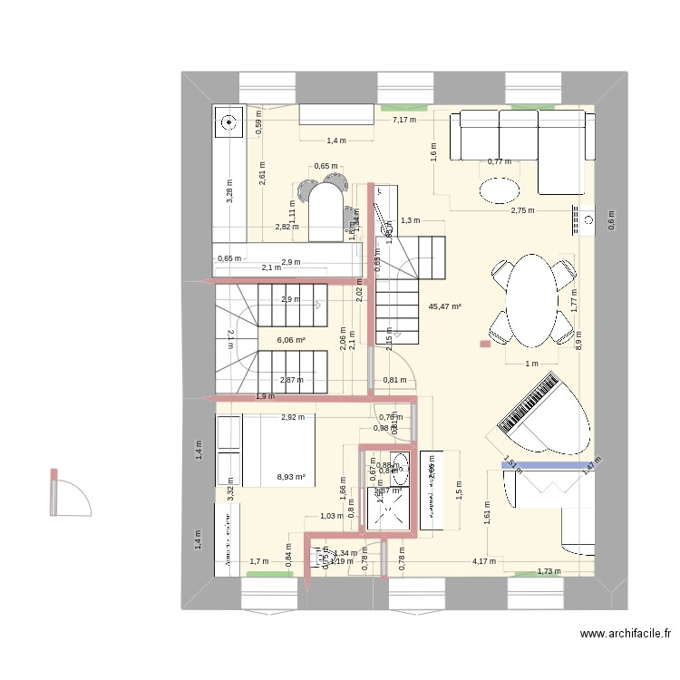 1er étage avec escalier plus petit. Plan de 4 pièces et 62 m2