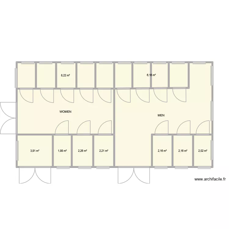 sanitaires. Plan de 11  et 69 m²