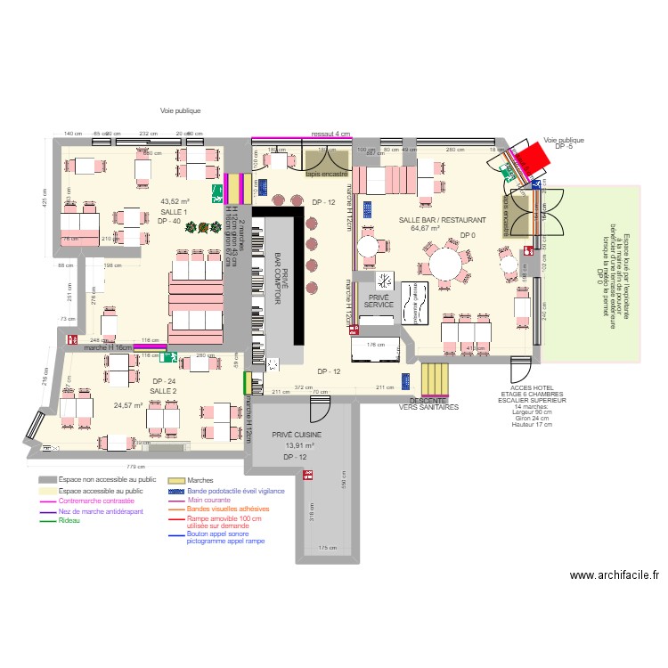 CAFE DES ARTS RDC AVANT TRAVAUX vs 2023. Plan de 9 pièces et 203 m2