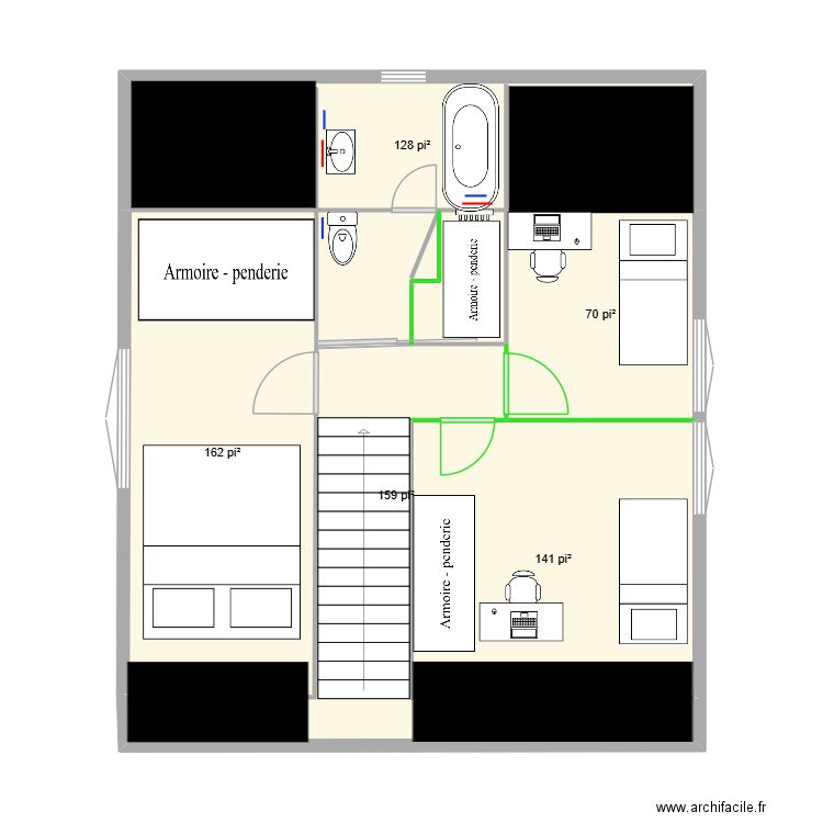 Plan d'étage version finale. Plan de 5 pièces et 61 m2