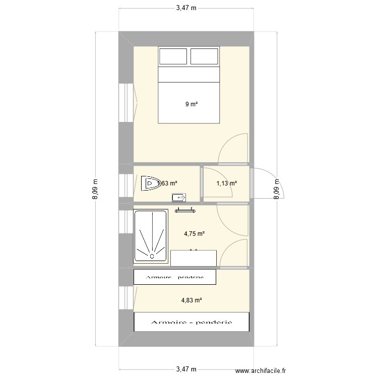 coin nuit. Plan de 5 pièces et 21 m2