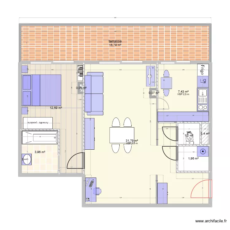 bon repos v sans cloisons. Plan de 10  et 76 m²