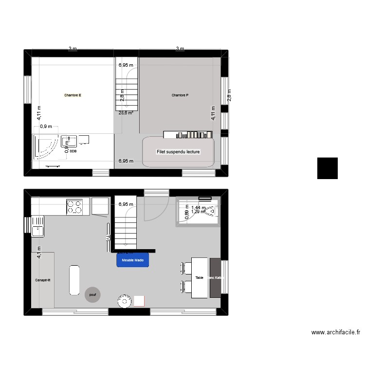 1er etage. Plan de 3 pièces et 58 m2