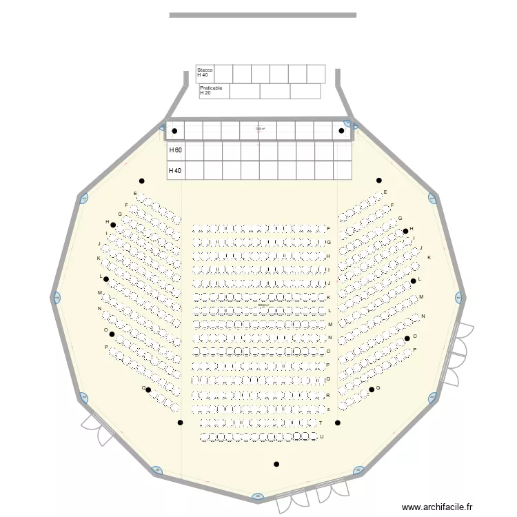 Grande salle avec pav&eacute; de chaises 266 + 121 c&ocirc;t&eacute;. Plan de 2  et 522 m²