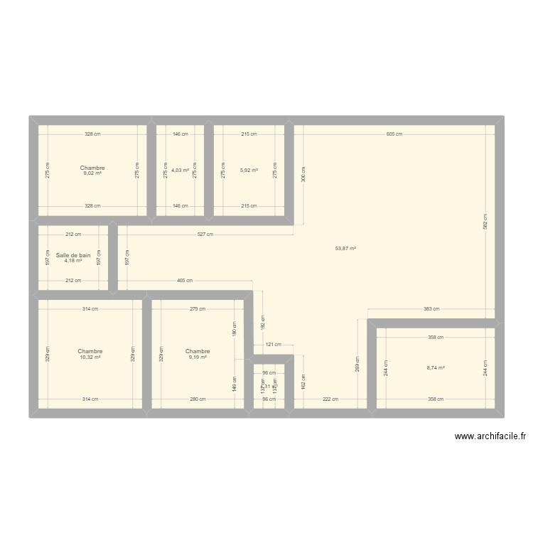 Plan maison 03. Plan de 9 pièces et 107 m2