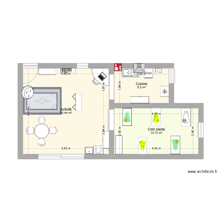 milieu d'accueil. Plan de 3 pièces et 36 m2