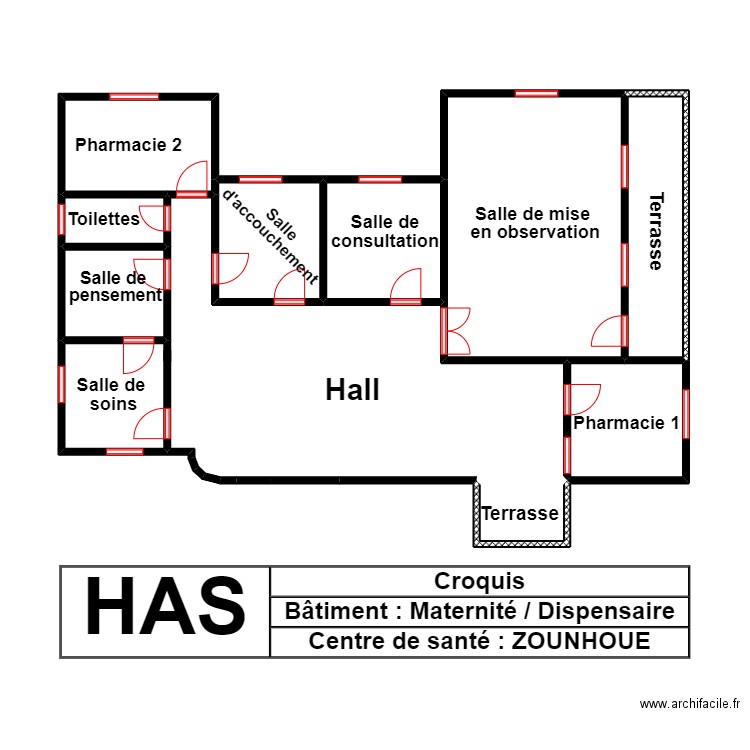  Vue en plan Maternité et Dispensaire de CS Zounhoue. Plan de 10 pièces et 56 m2