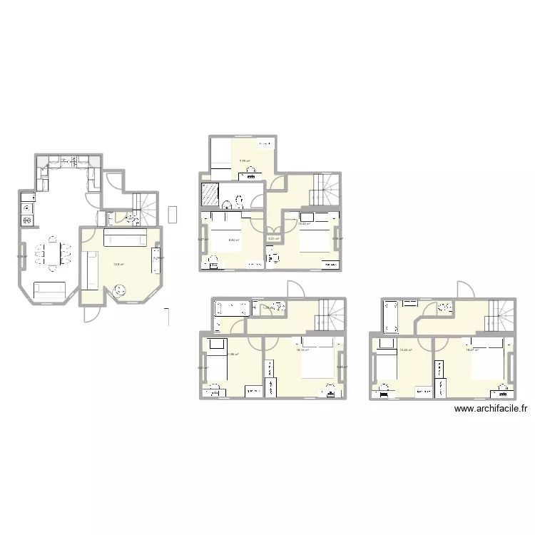 Revised Cottage layout with bath on to floor and shower on middle floor v3. Plan de 17  et 113 m²