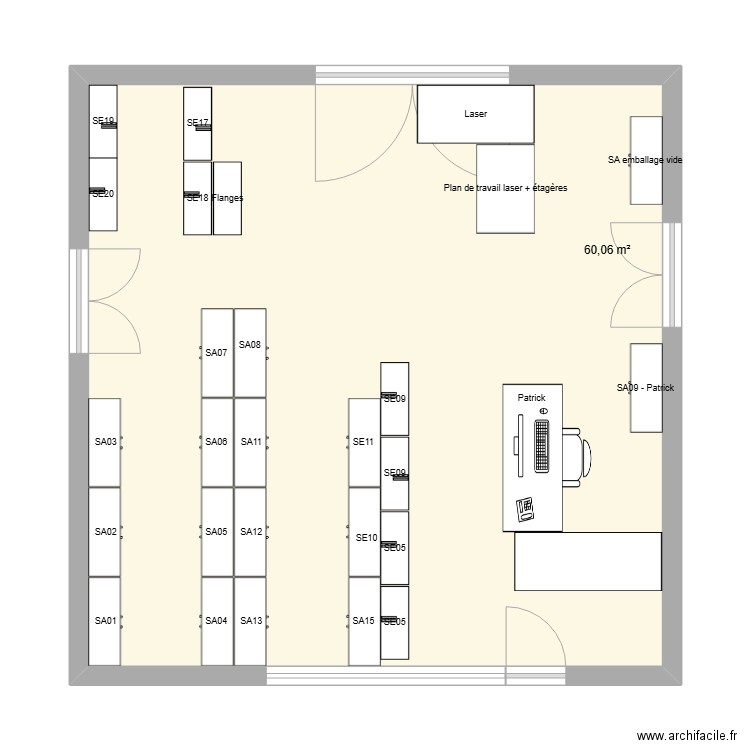 Atelier stockage v2. Plan de 1 pièce et 60 m2