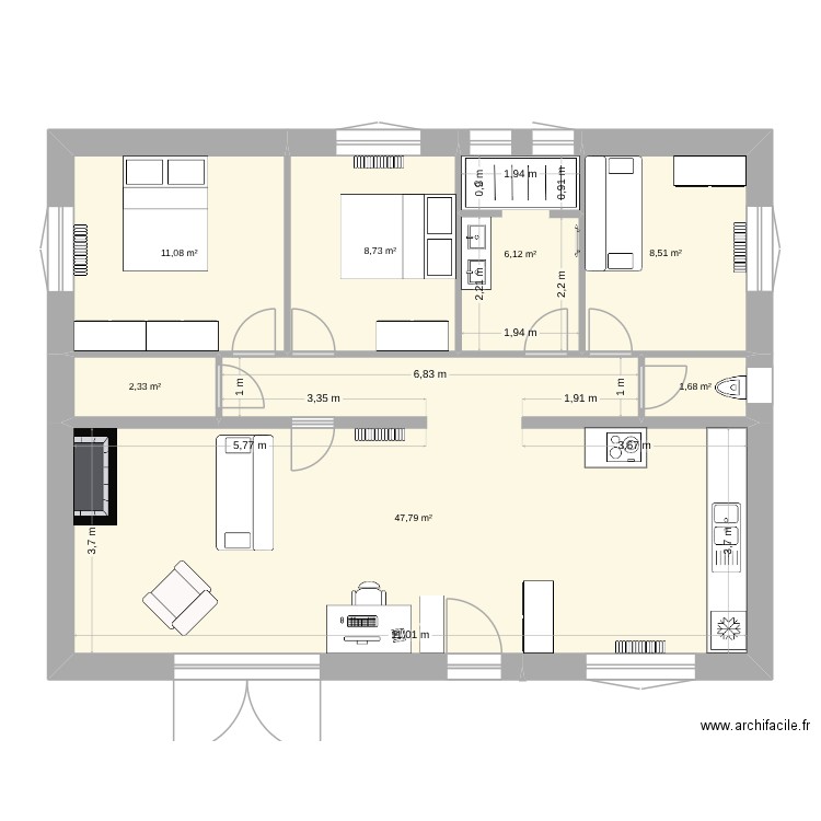 Base RDC. Plan de 7 pièces et 86 m2