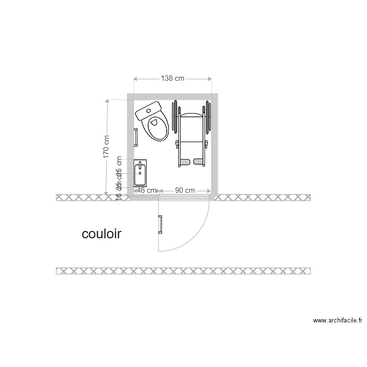 wc hand complexe. Plan de 1 pièce et 2 m2