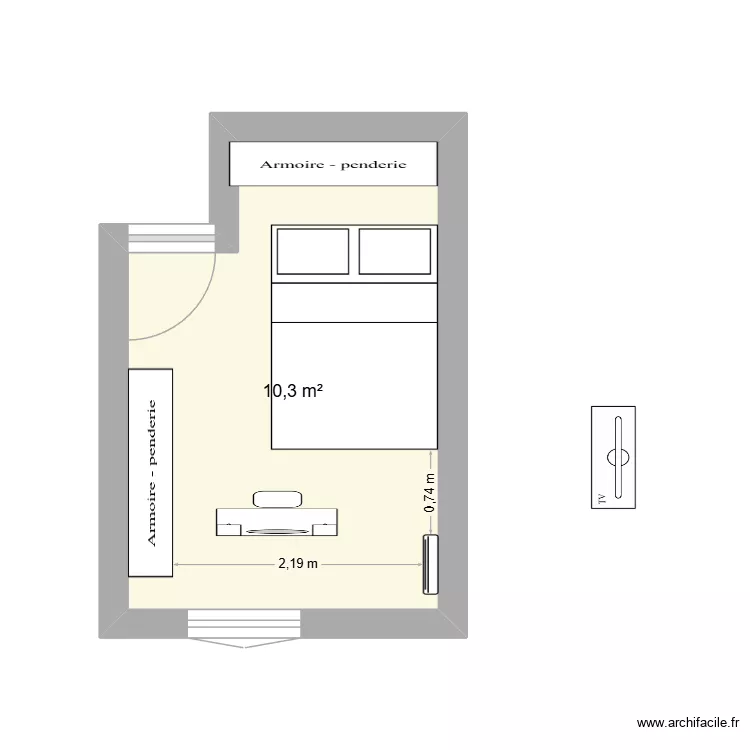 chambre. Plan de 1 pièce et 10 m²