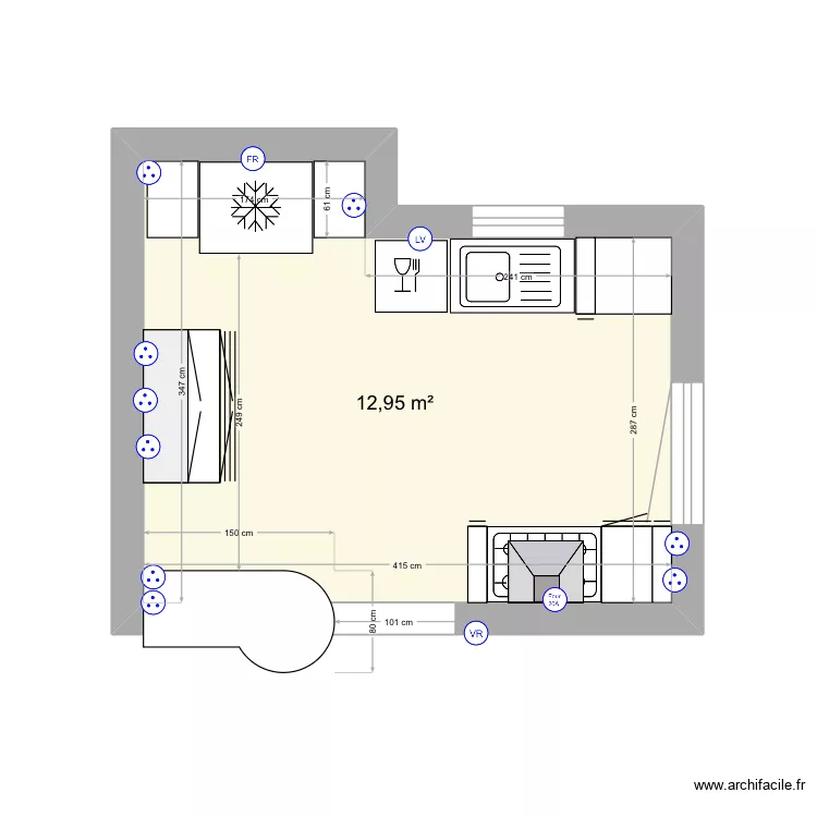 Cuisine plan agencer. Plan de 1  et 13 m²
