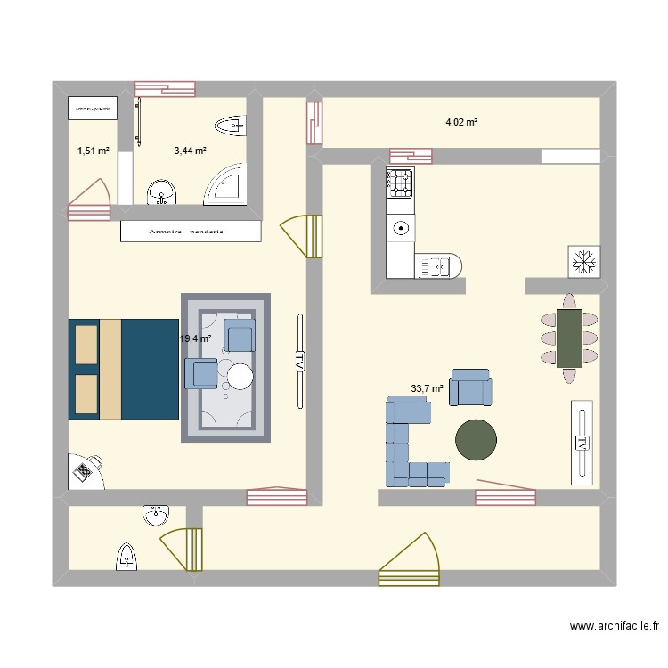 plan 2 chambre salon deux douche. Plan de 5 pièces et 62 m2