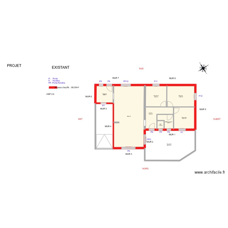 BABIN_ Existant. Plan de 9 pièces et 115 m2