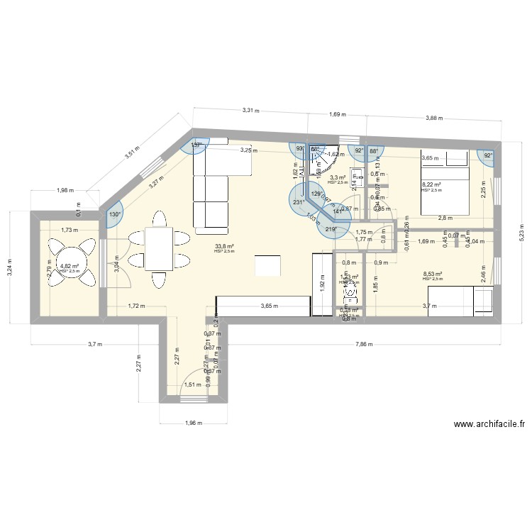 LSDO. Plan de 7 pièces et 60 m2