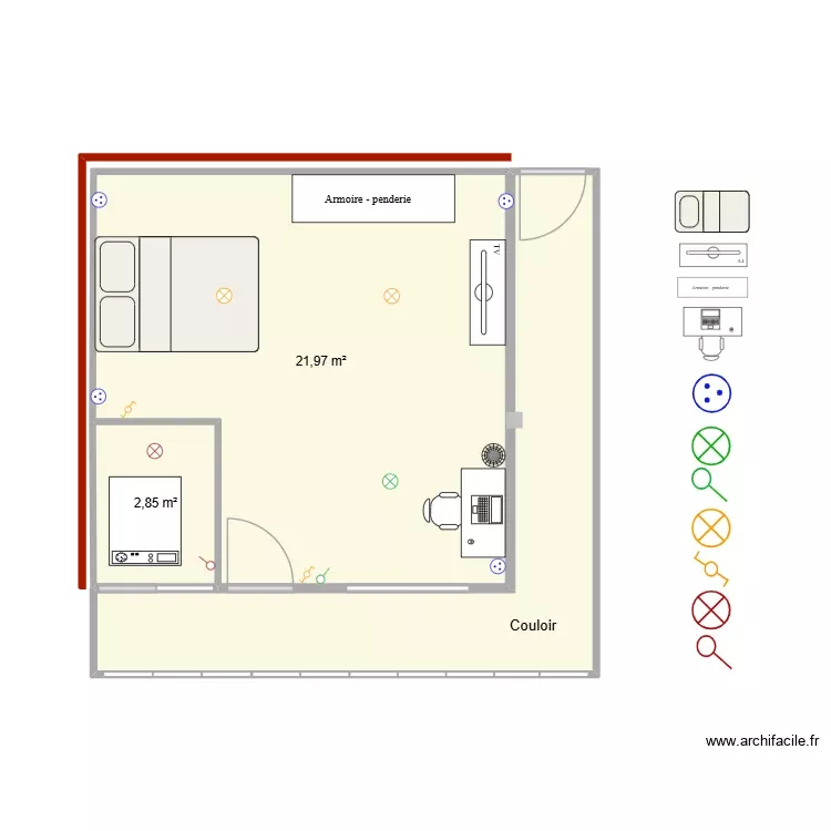 chambre. Plan de 3 Pièces et 36 m²