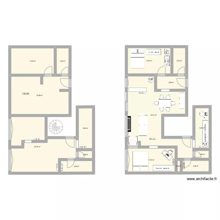 Existant. Plan de 16 pièces et 149 m²