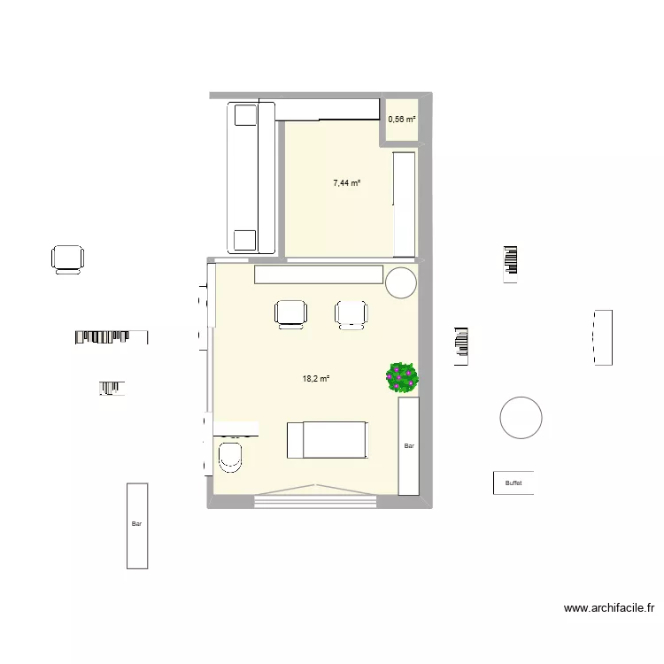 Salon et agrendissement 2. Plan de 3  et 26 m²
