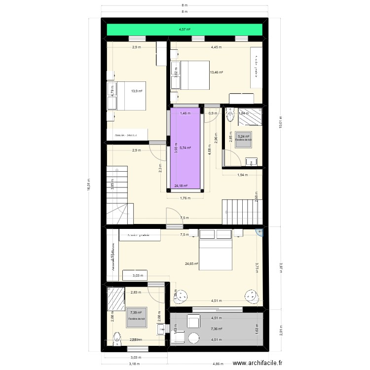 primer piso. Plan de 9 pièces et 106 m2