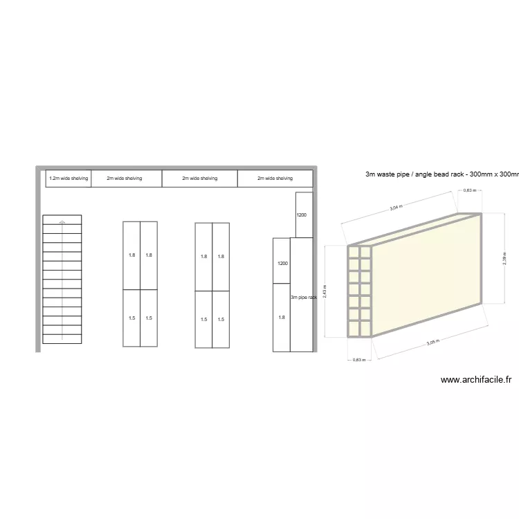 under mezz shelving layout. Plan de 16 et 8 m² under mezz shelving layout. Plan de 16 et 8 m²