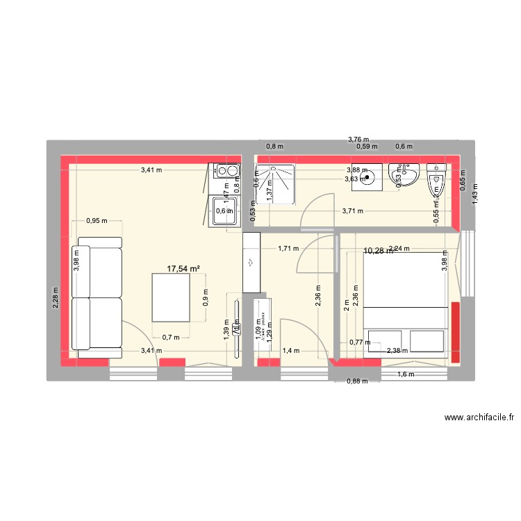 Dépandance. Plan de 2 pièces et 28 m2
